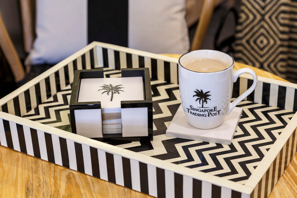 black and white tray and coaster set