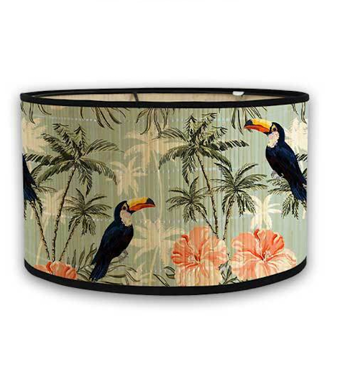 Decorative lampshade with tropical design featuring toucans and palm trees.